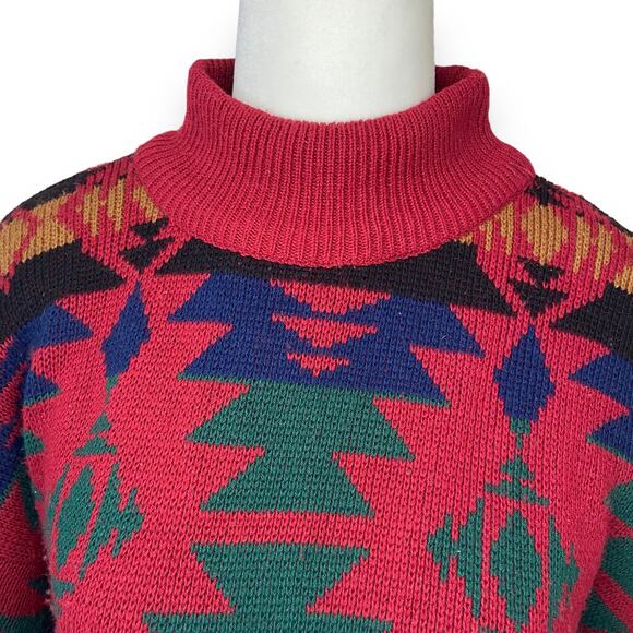 Vintage 90s Aztec Print Red Sweater - Picture 2 of 7